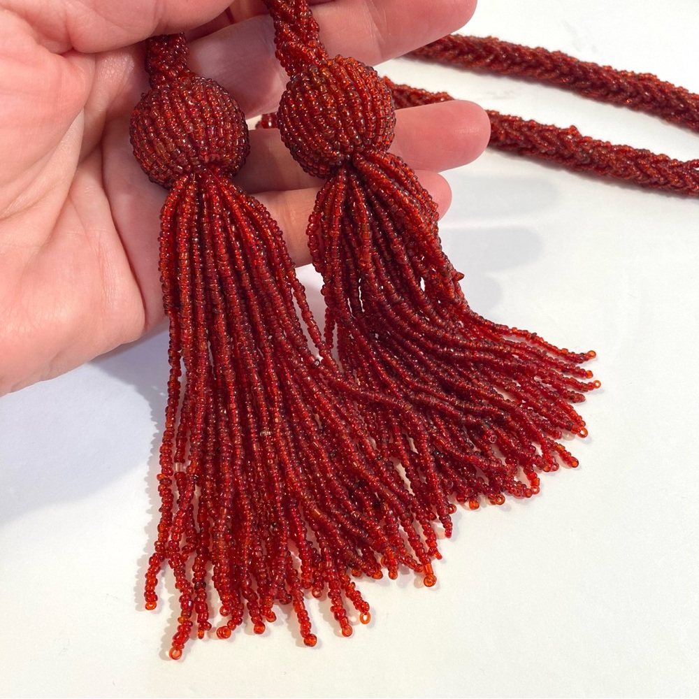 9 Ft Burgundy Red Crimson Glass Beaded Braided Garland + Tassels Holiday Decor - Picture 5 of 8
